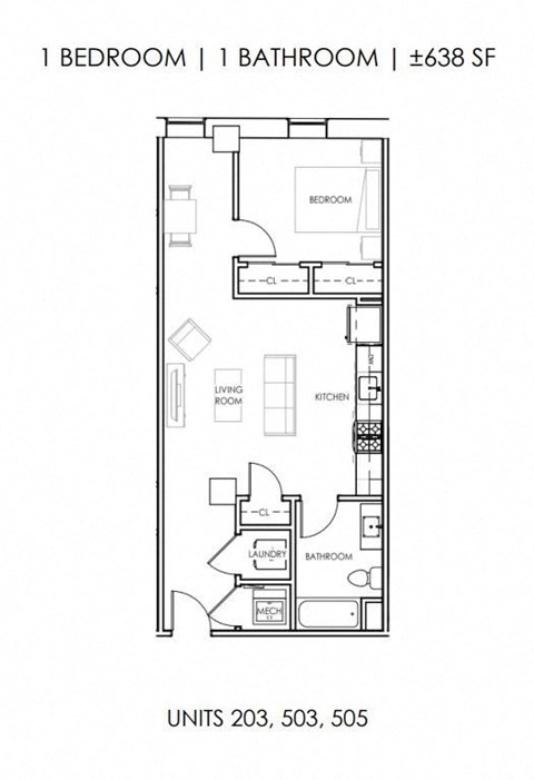 Floor plan for 1 bed, 1 bath, 638 sqft